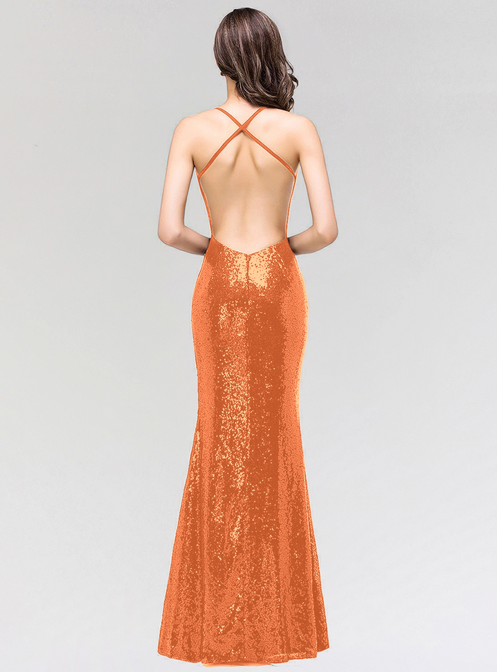 Mermaid Sequins Floor-Length Dress with Spaghetti Straps-koscy