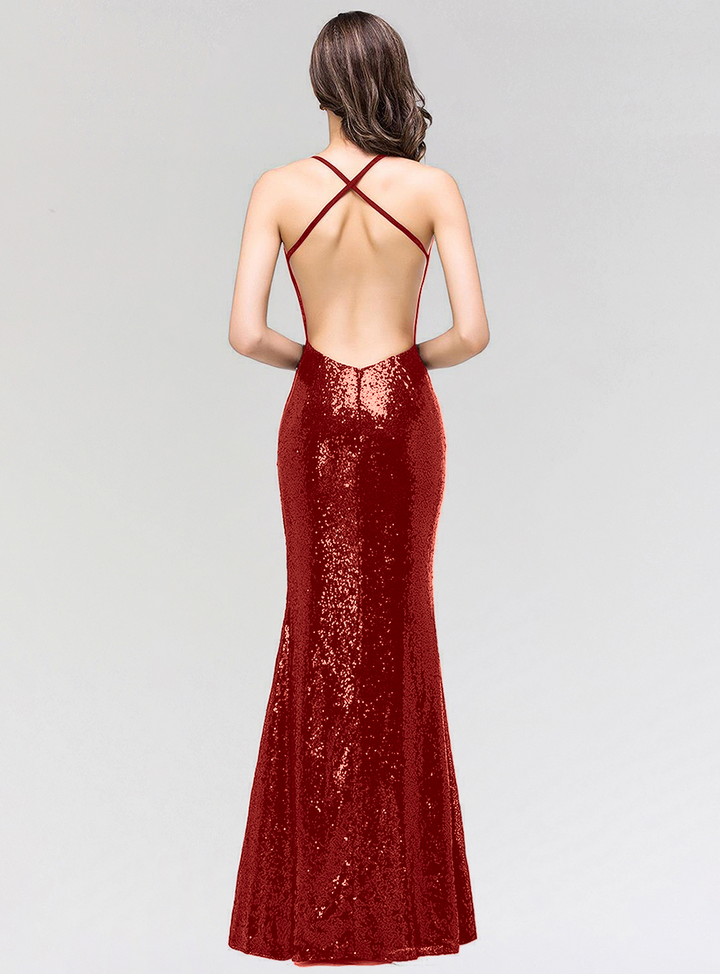 Mermaid Sequins Floor-Length Dress with Spaghetti Straps-koscy