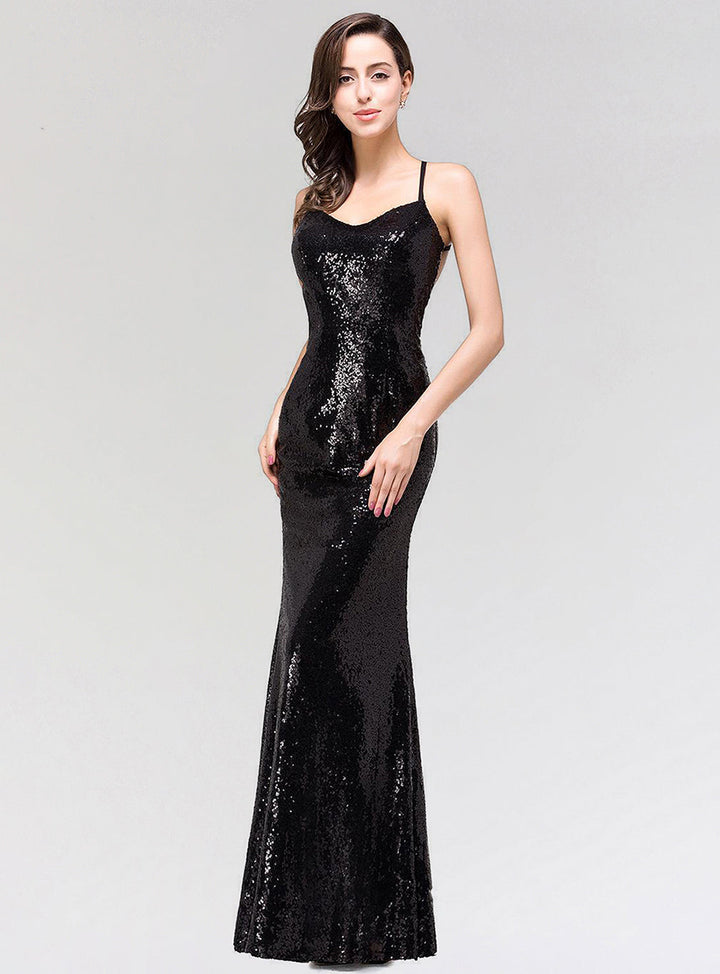 Mermaid Sequins Floor-Length Dress with Spaghetti Straps-koscy