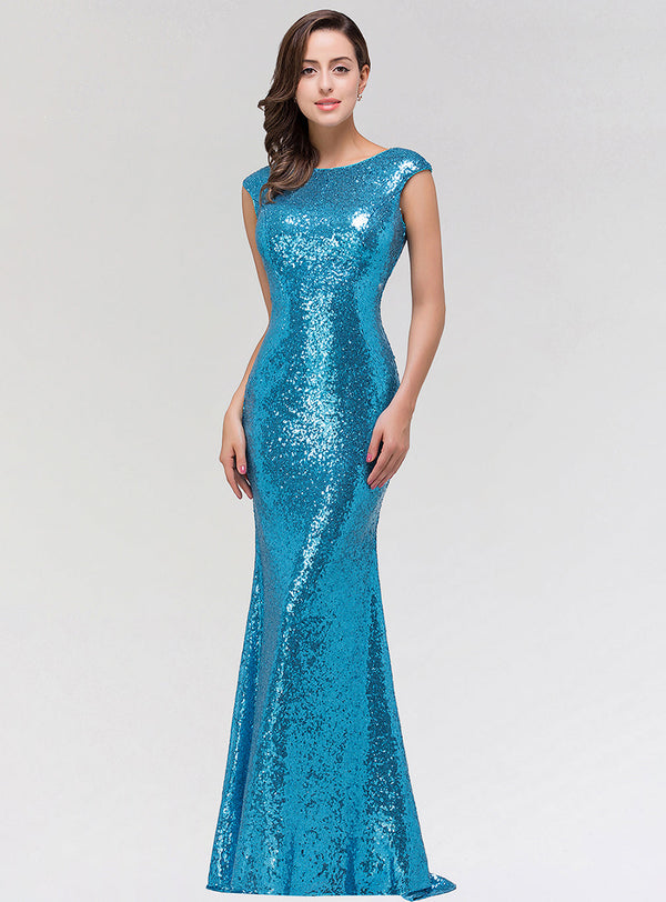 Mermaid Sleeveless Shinny Sequins Floor-Length Dress Blue-koscy