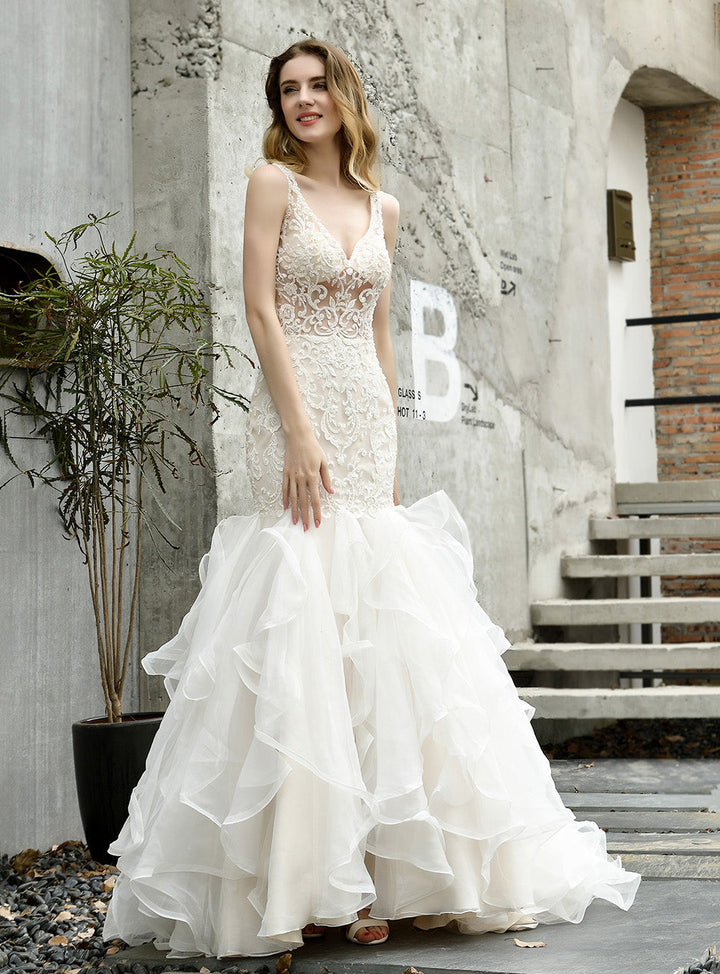 Mermaid Tulle Lace V-neck Chapel Train Dress with Appliques-koscy