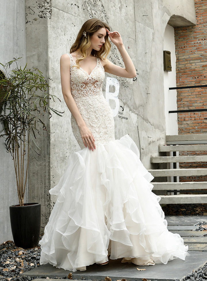 Mermaid Tulle Lace V-neck Chapel Train Dress with Appliques-koscy