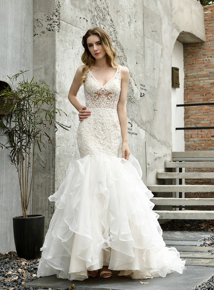 Mermaid Tulle Lace V-neck Chapel Train Dress with Appliques-koscy