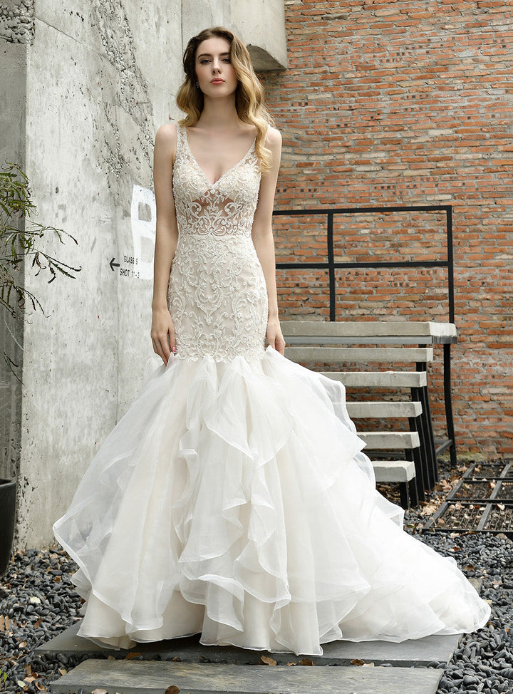 Mermaid Tulle Lace V-neck Chapel Train Dress with Appliques-koscy