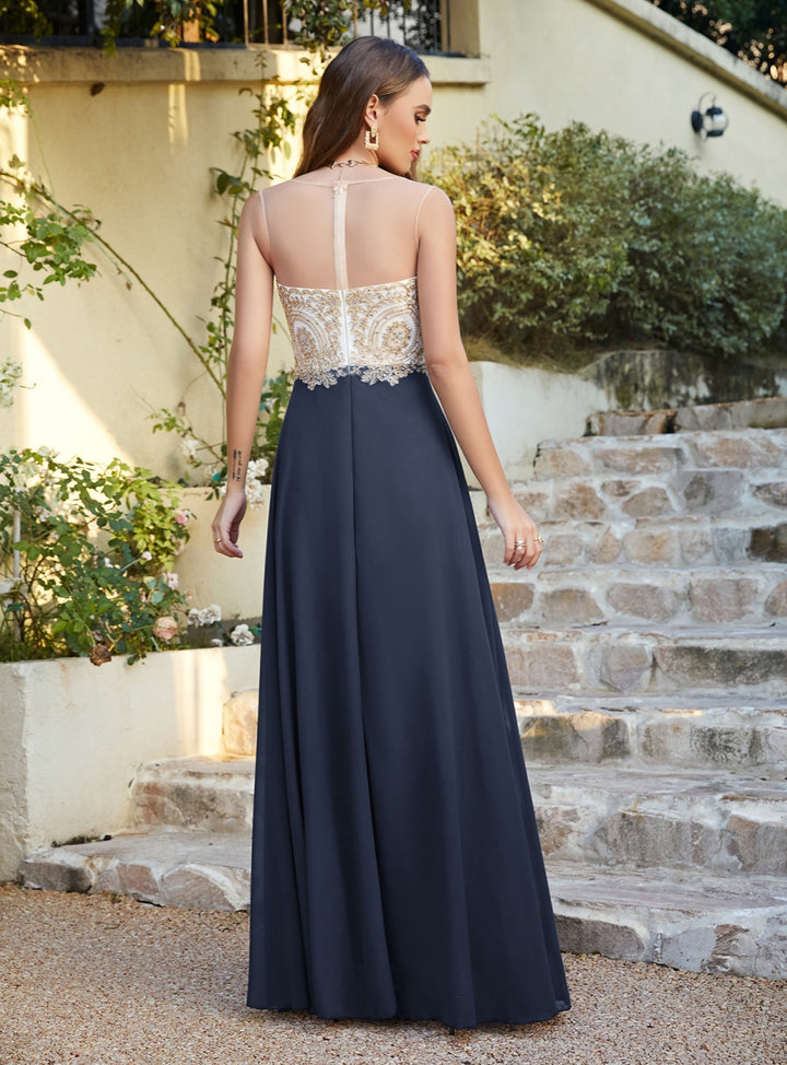 Dark Navy A-line Scoop Chiffon Appliques Floor-Length Dresses Koscy 2