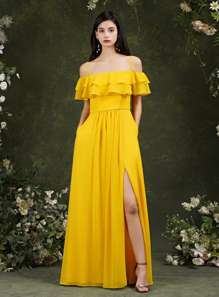 Off-the-shoulder Ruffle Chiffon Front Slit Floor Length Dress with Straps-koscy