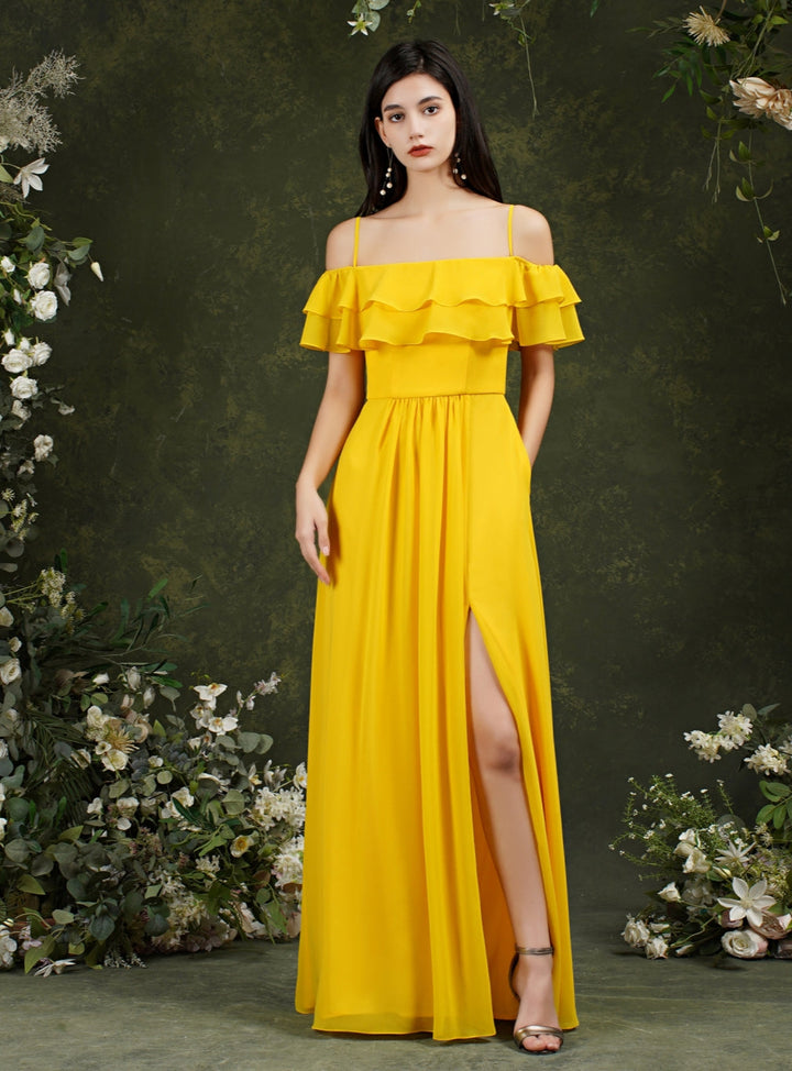 Off-the-shoulder Ruffle Chiffon Front Slit Floor Length Dress with Straps-koscy