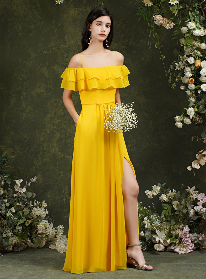 Off-the-shoulder Ruffle Chiffon Front Slit Floor Length Dress with Straps-koscy