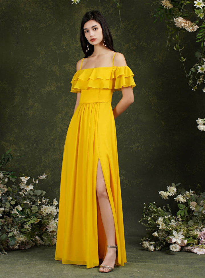 Off-the-shoulder Ruffle Chiffon Front Slit Floor Length Dress with Straps-koscy