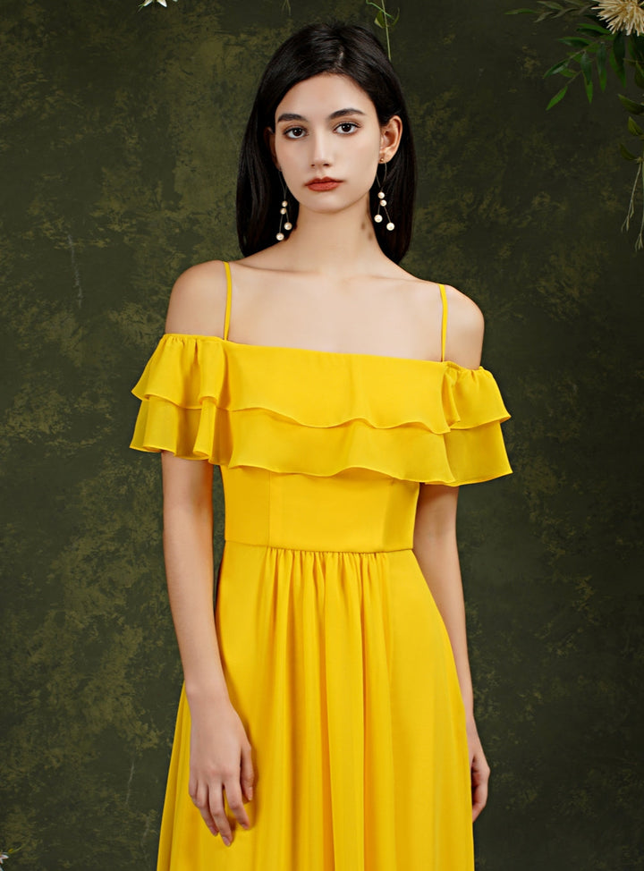 Off-the-shoulder Ruffle Chiffon Front Slit Floor Length Dress with Straps-koscy