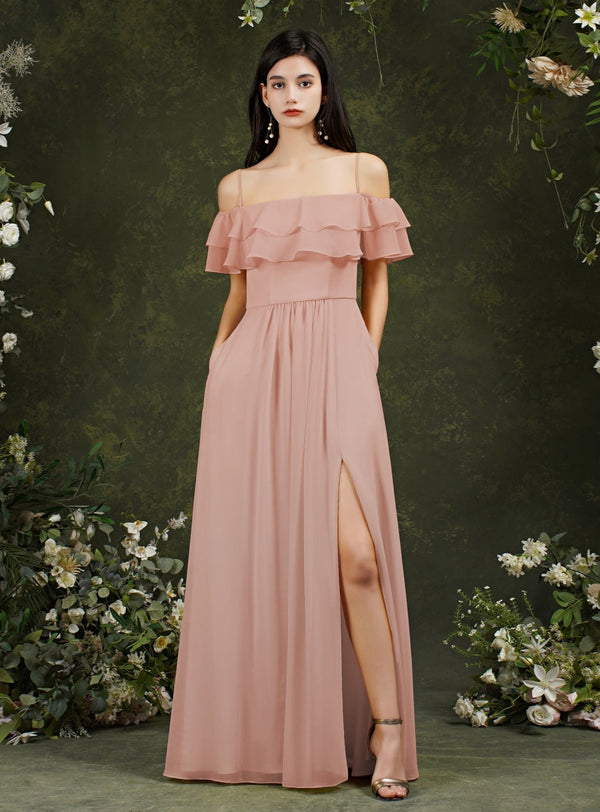 Off-the-shoulder Ruffle Chiffon Front Slit Floor Length Dress with Straps-koscy