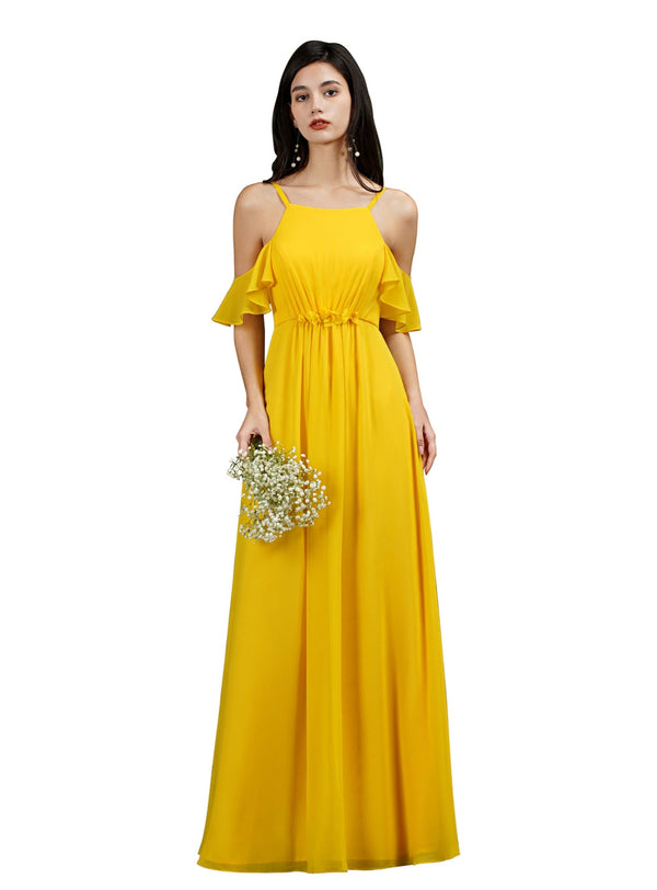 Off-the-Shoulder Ruffles A-Line Chiffon Floor Length Dress With Pockets-koscy