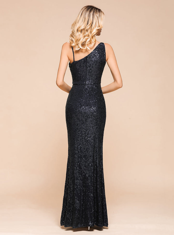 One-Shoulder Sleeveless Sequins Mermaid Floor-Length Dress-koscy