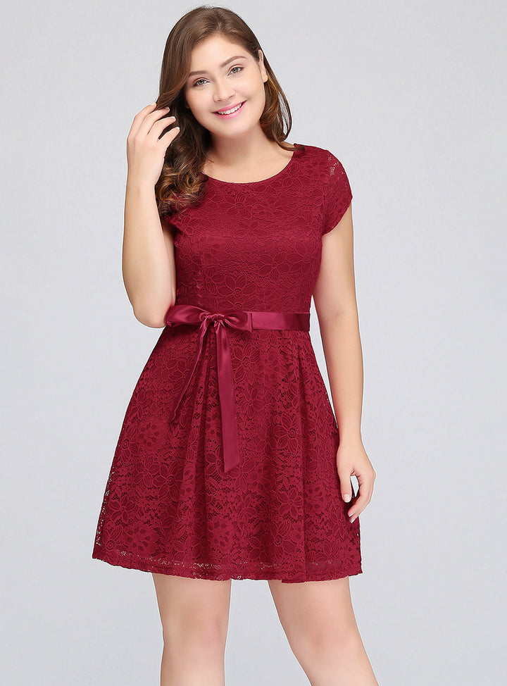 Plus Size A-line Cap Sleeves Floral Lace Knee-Length Dress-koscy