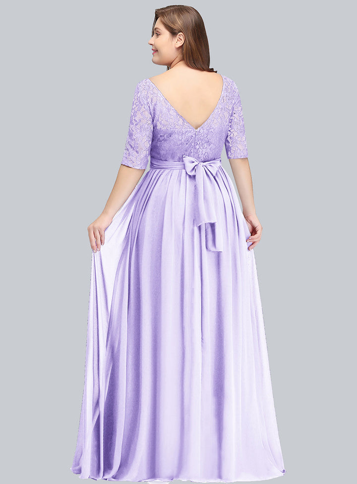 Plus Size A-line Half Sleeves Lace Floor-Length Dress Lilac-koscy