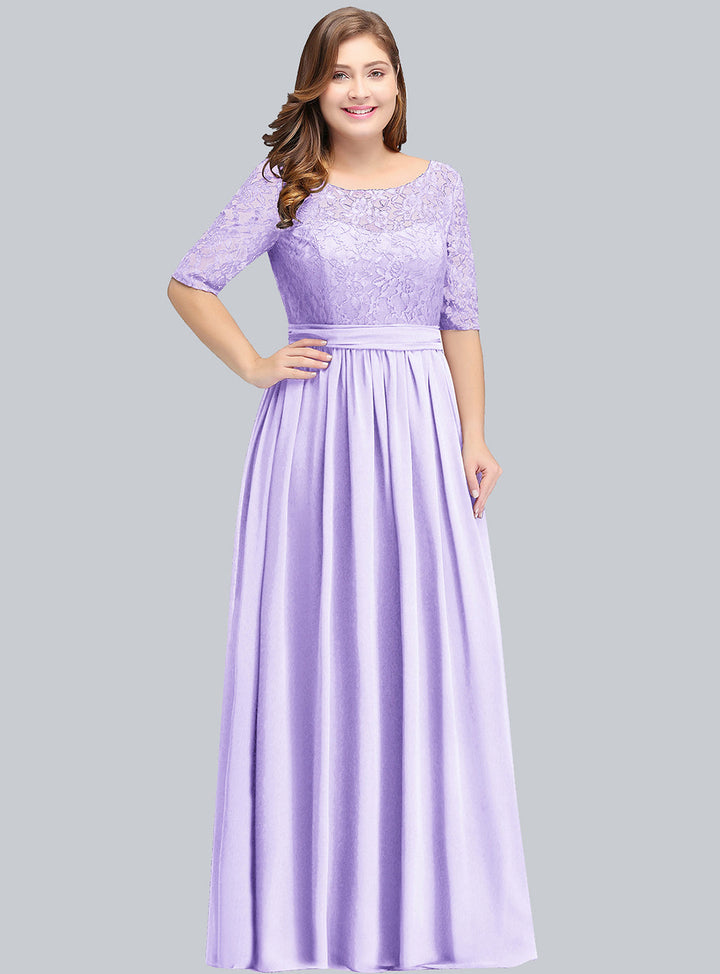 Plus Size A-line Half Sleeves Lace Floor-Length Dress Lilac-koscy