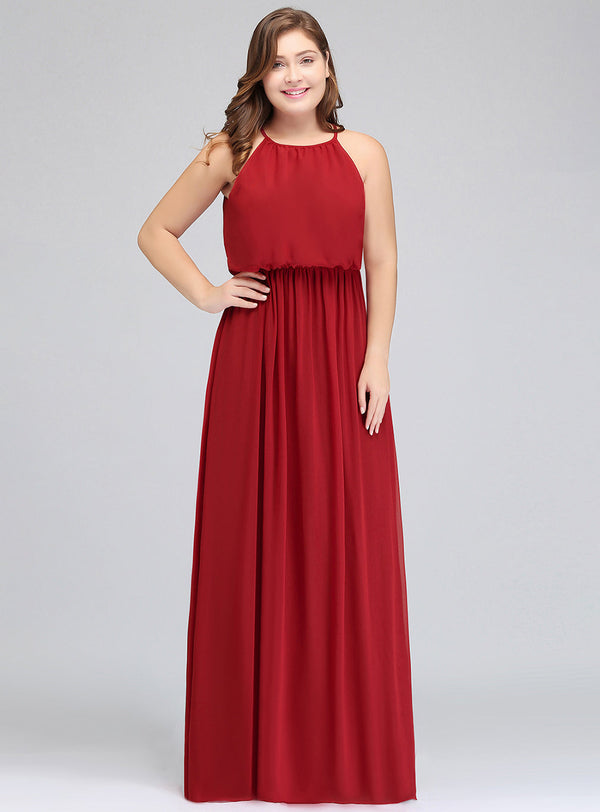 Plus Size A-line Halter Chiffon Floor-Length Dress Red-koscy