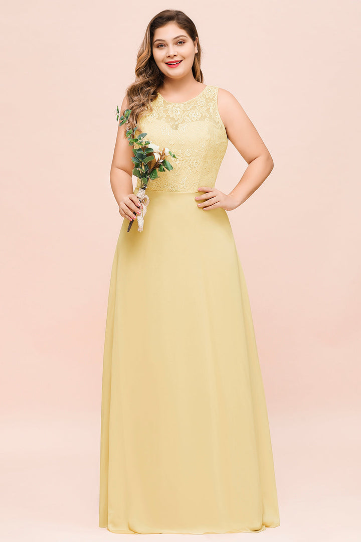 Plus Size Jewel Neck Lace Chiffon Floor-Length Dress Daffodil-koscy