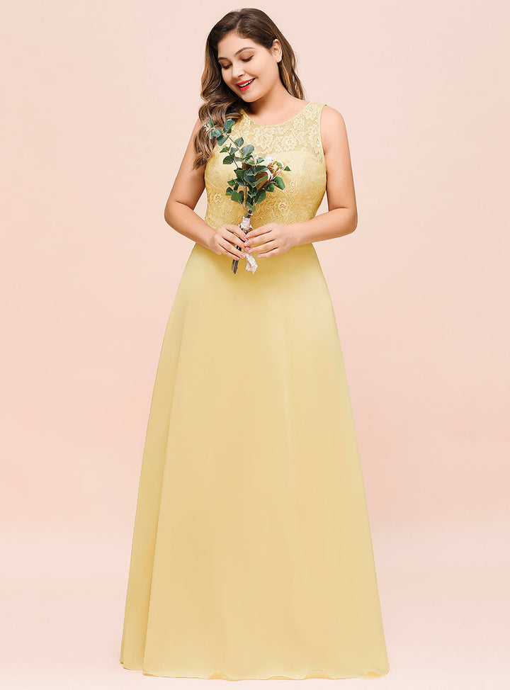 Plus Size Jewel Neck Lace Chiffon Floor-Length Dress Daffodil-koscy