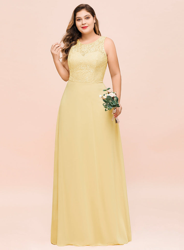 Plus Size Jewel Neck Lace Chiffon Floor-Length Dress Daffodil-koscy