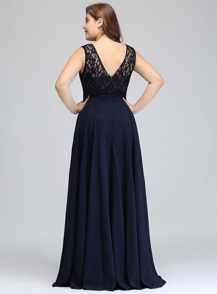 Plus Size Jewel Neck Ruched Chiffon Floor-Length Dress Dark Navy-koscy