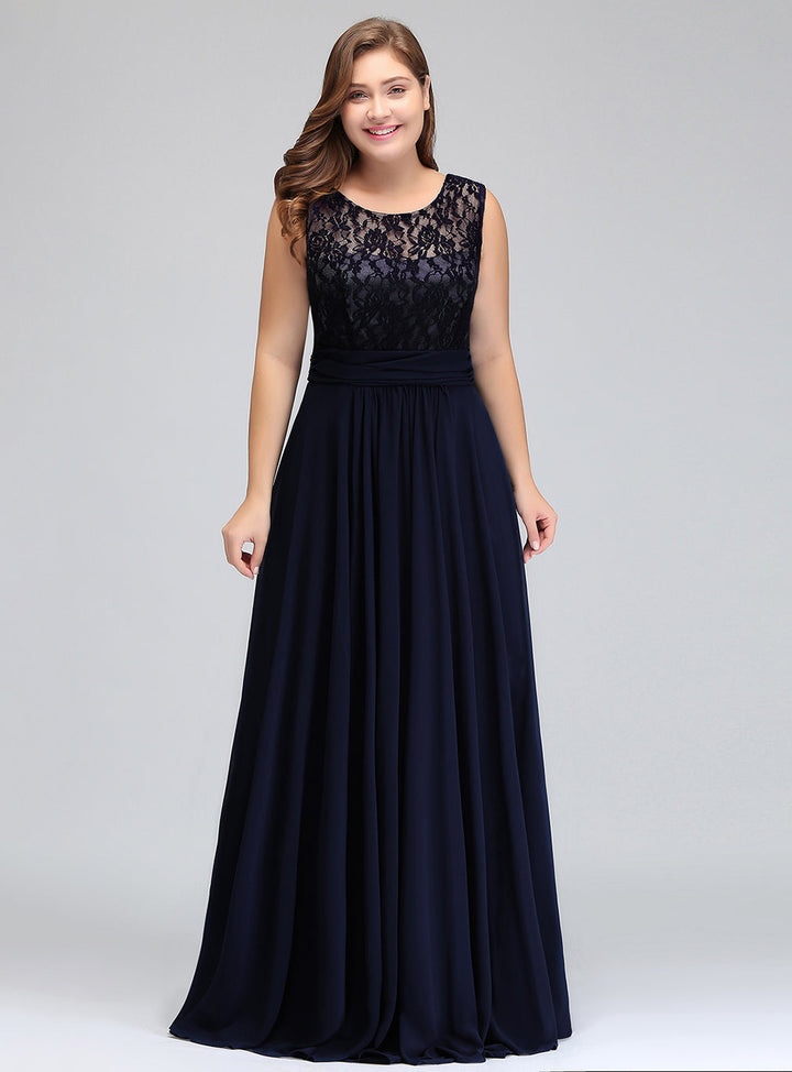 Plus Size Jewel Neck Ruched Chiffon Floor-Length Dress Dark Navy-koscy