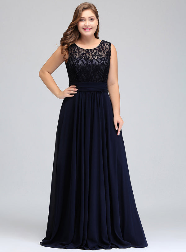 Plus Size Jewel Neck Ruched Chiffon Floor-Length Dress Dark Navy-koscy