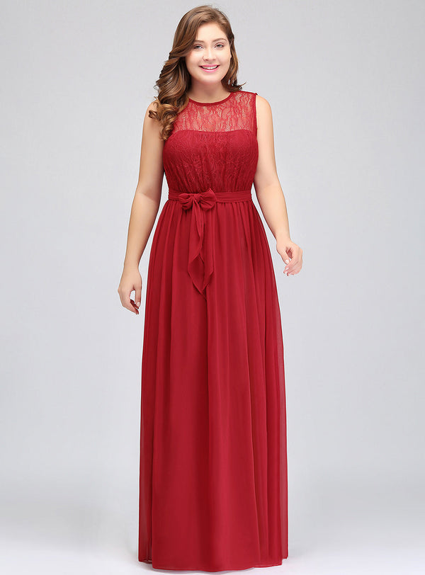 Plus Size Jewel Neck Sleeveless Pleated Chiffon Floor-Length Dress Red-koscy