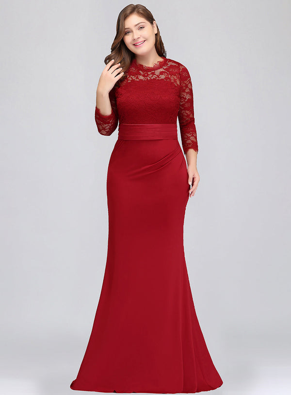 Plus Size Mermaid 3/4 Sleeves Lace Floor-Length Dress Red-koscy