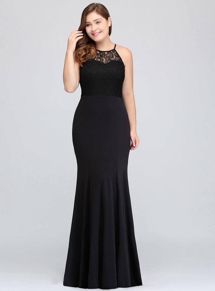 Plus Size Mermaid Halter Lace Floor-Length Dress Black-koscy