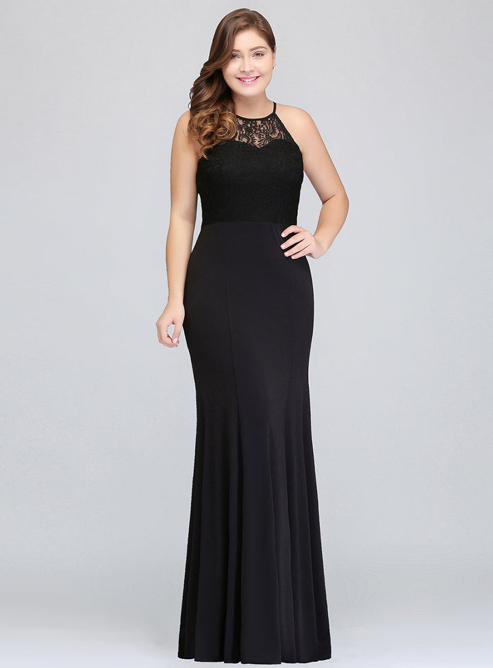 Plus Size Mermaid Halter Lace Floor-Length Dress Black-koscy