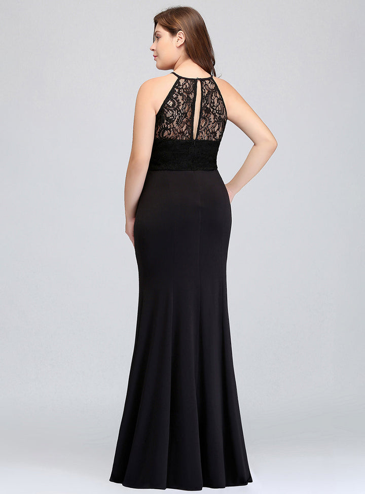 Plus Size Mermaid Halter Lace Floor-Length Dress Black-koscy