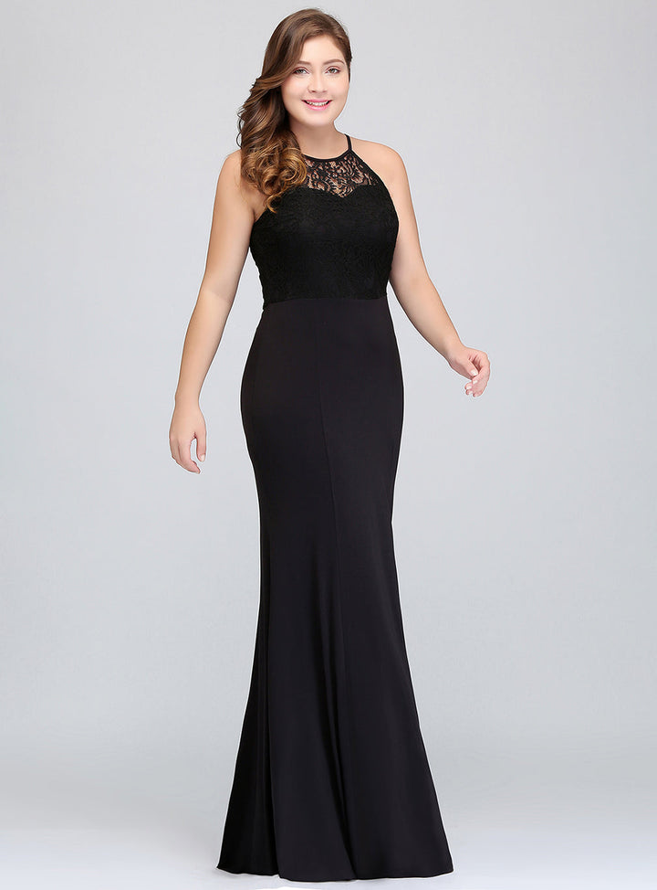 Plus Size Mermaid Halter Lace Floor-Length Dress Black-koscy