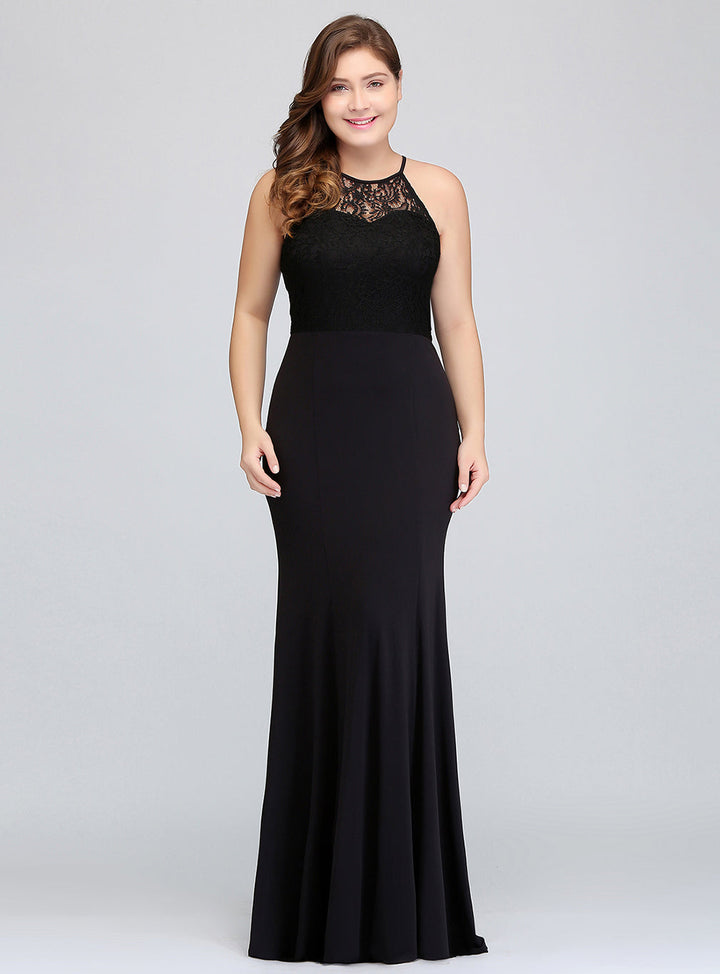 Plus Size Mermaid Halter Lace Floor-Length Dress Black-koscy