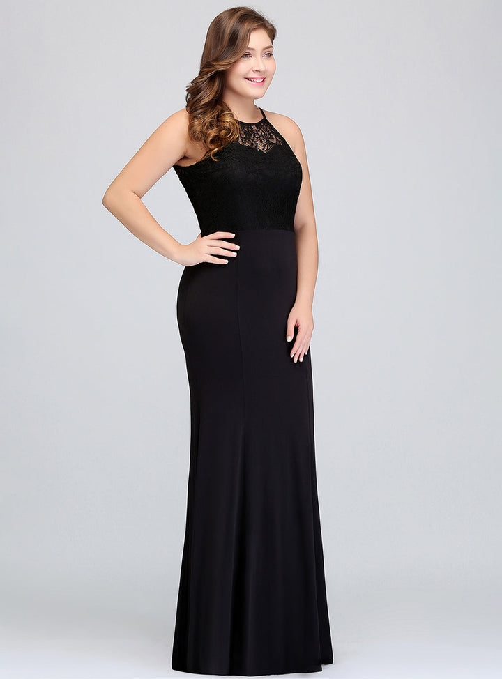 Plus Size Mermaid Halter Lace Floor-Length Dress Black-koscy