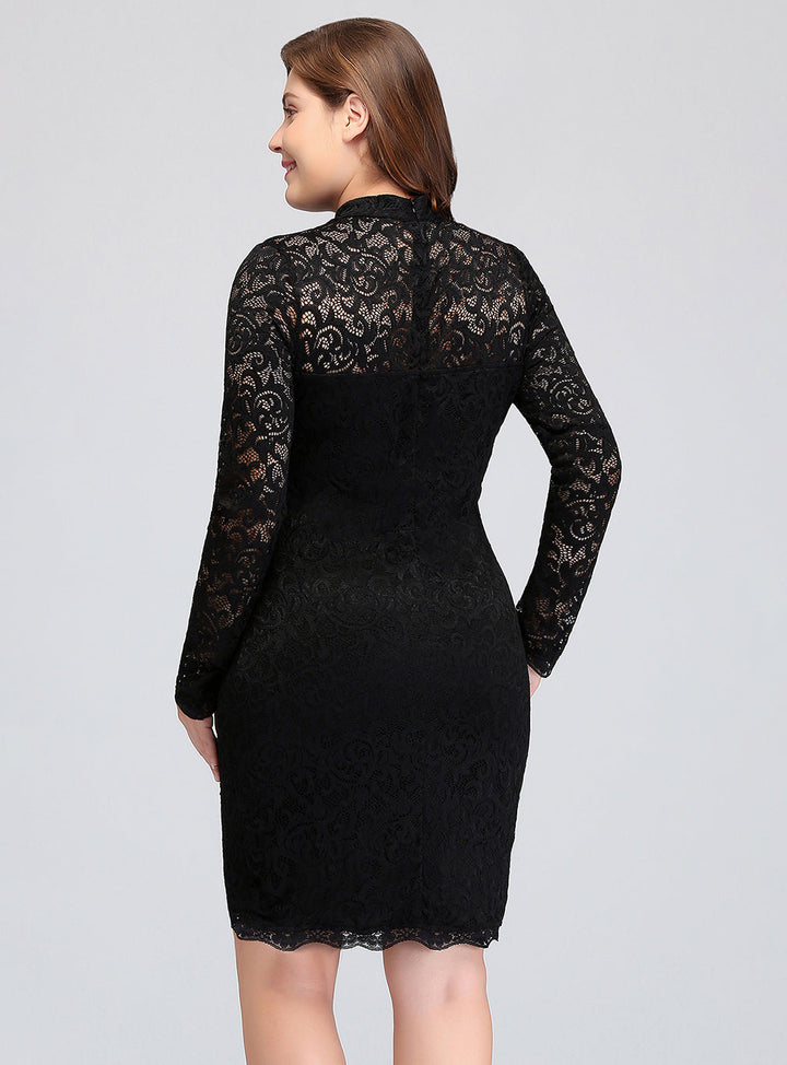 Plus Size Mermaid High Neck Long Sleeves Lace Short Bridesmaid Dress-koscy