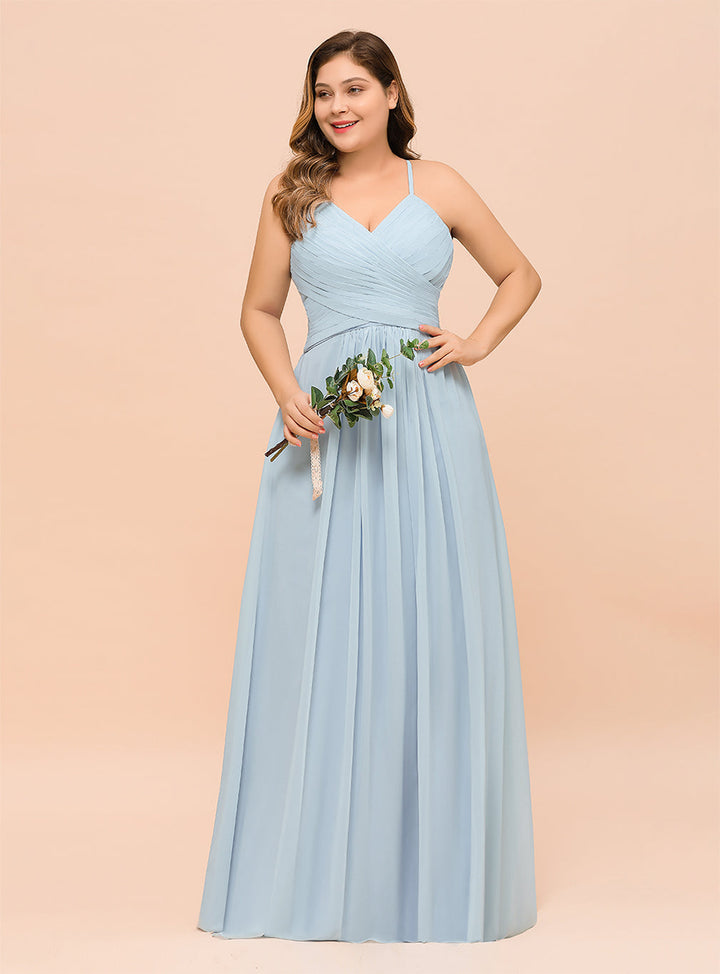 Plus Size Ruffle Chiffon V-Neck A-line Floor-Length Dress SKy Blue-koscy