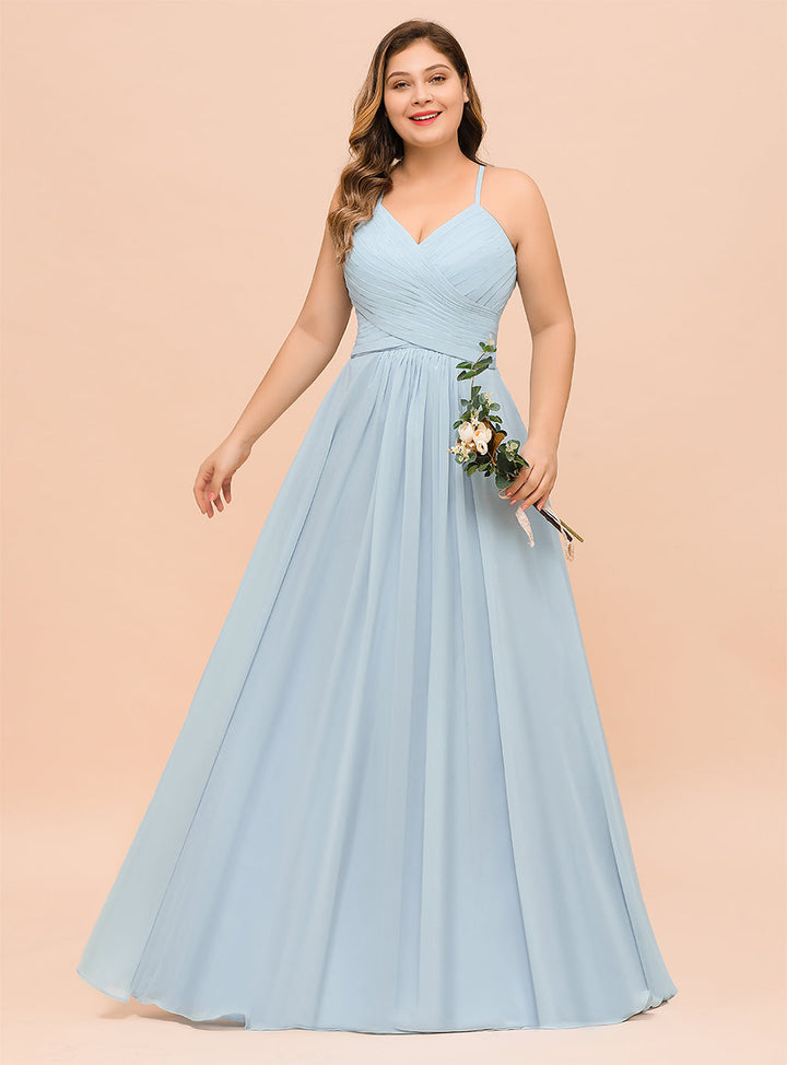 Plus Size Ruffle Chiffon V-Neck A-line Floor-Length Dress SKy Blue-koscy