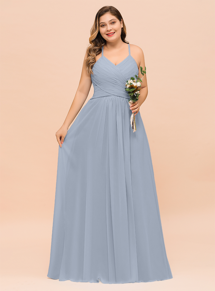 Plus Size Ruffle Chiffon V-Neck A-line Floor-Length Dress SKy Blue-koscy