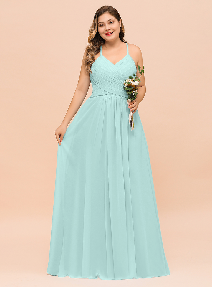 Plus Size Ruffle Chiffon V-Neck A-line Floor-Length Dress SKy Blue-koscy