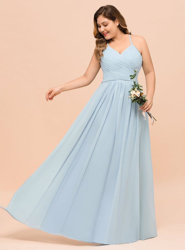 Plus Size Ruffle Chiffon V-Neck A-line Floor-Length Dress SKy Blue-koscy