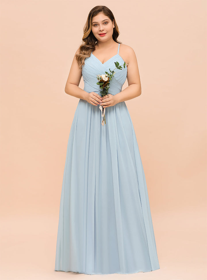 Plus Size Ruffle Chiffon V-Neck A-line Floor-Length Dress SKy Blue-koscy