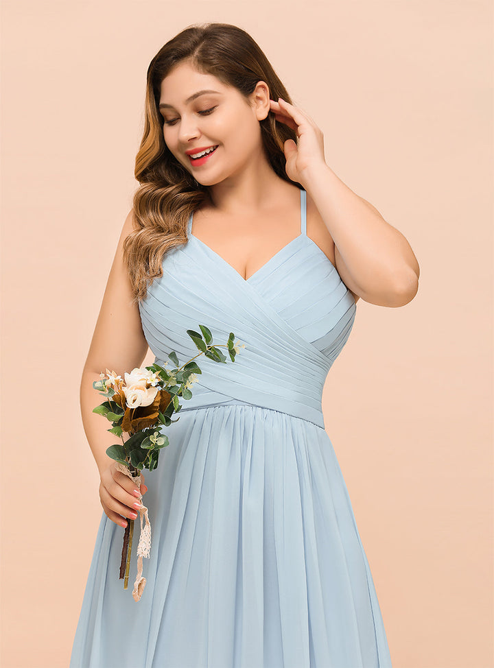 Plus Size Ruffle Chiffon V-Neck A-line Floor-Length Dress SKy Blue-koscy