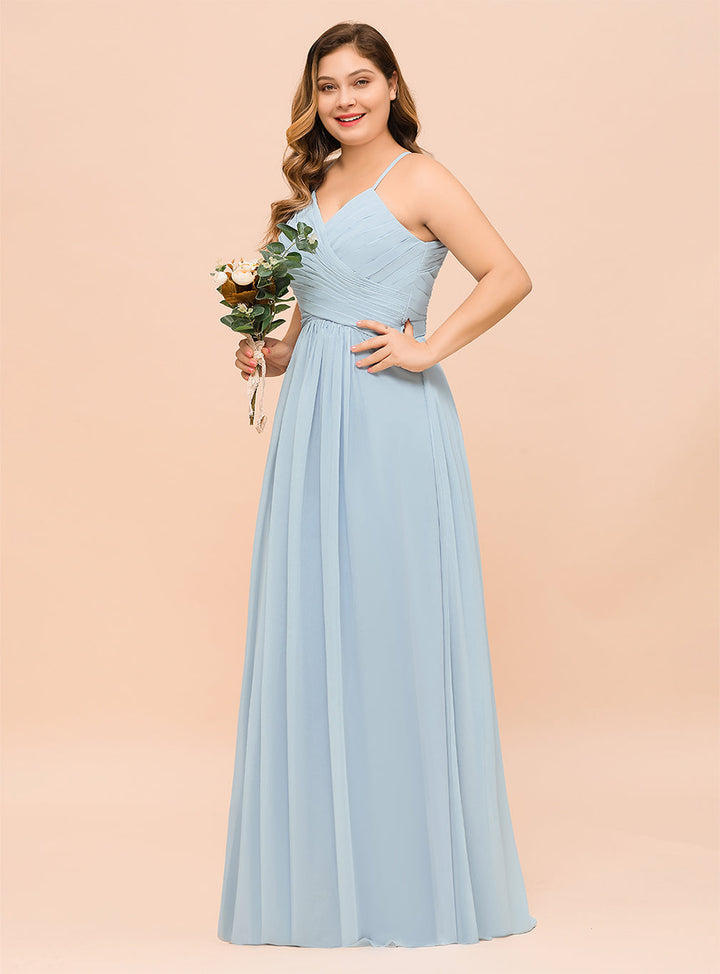 Plus Size Ruffle Chiffon V-Neck A-line Floor-Length Dress SKy Blue-koscy