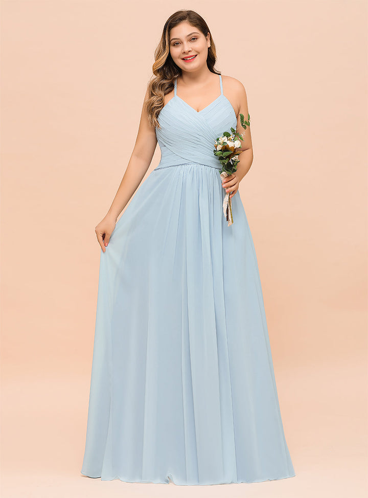 Plus Size Ruffle Chiffon V-Neck A-line Floor-Length Dress SKy Blue-koscy