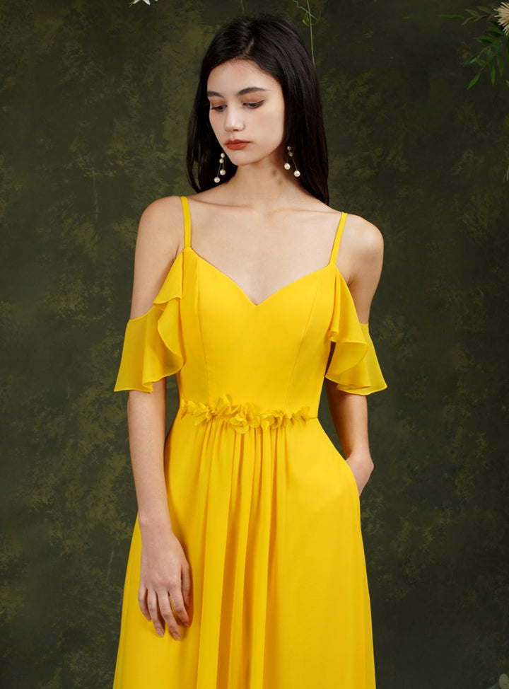 Ruffles Aline Spaghetti Strapes Chiffon Floor-Length Dress-koscy