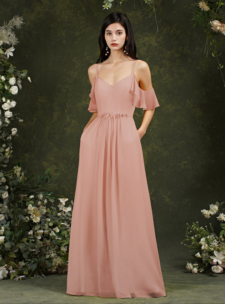 Ruffles Aline Spaghetti Strapes Chiffon Floor-Length Dress-koscy