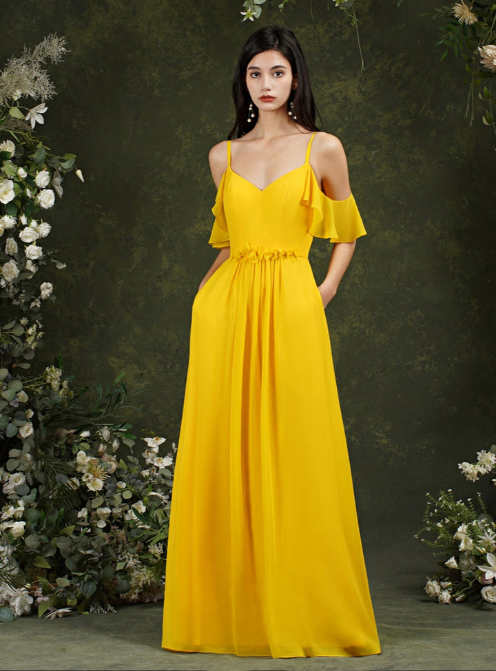 Ruffles Aline Spaghetti Strapes Chiffon Floor-Length Dress-koscy