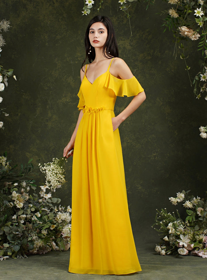 Ruffles Aline Spaghetti Strapes Chiffon Floor-Length Dress-koscy