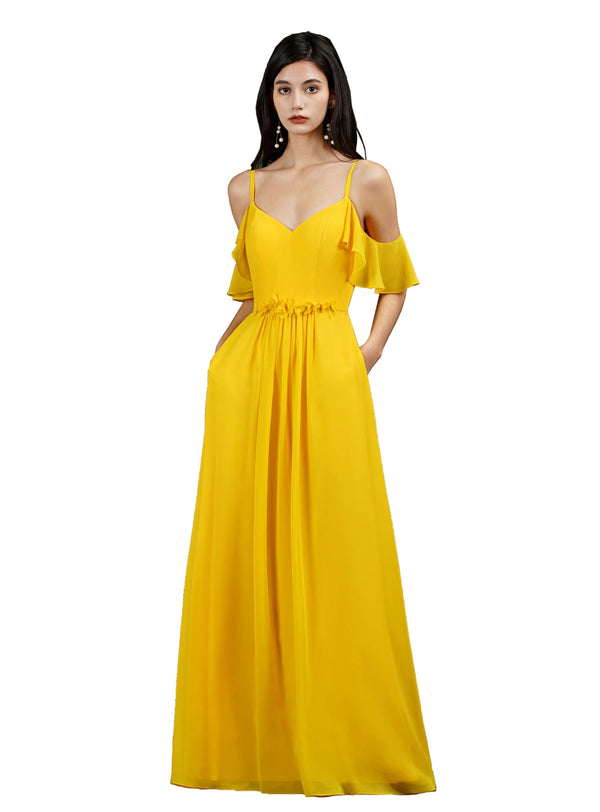 Ruffles Aline Spaghetti Strapes Chiffon Floor-Length Dress-koscy